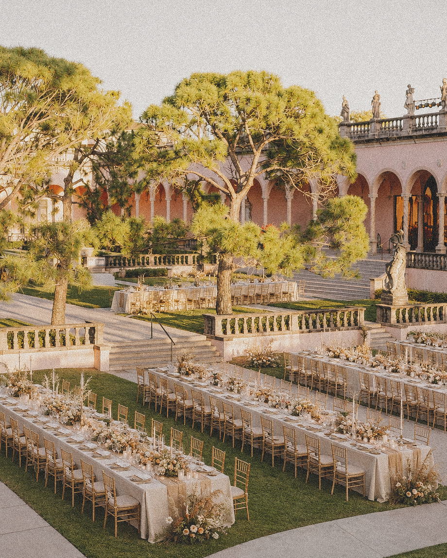 Ringling Museum wedding, long reception tables in the courtyard, Sarasota