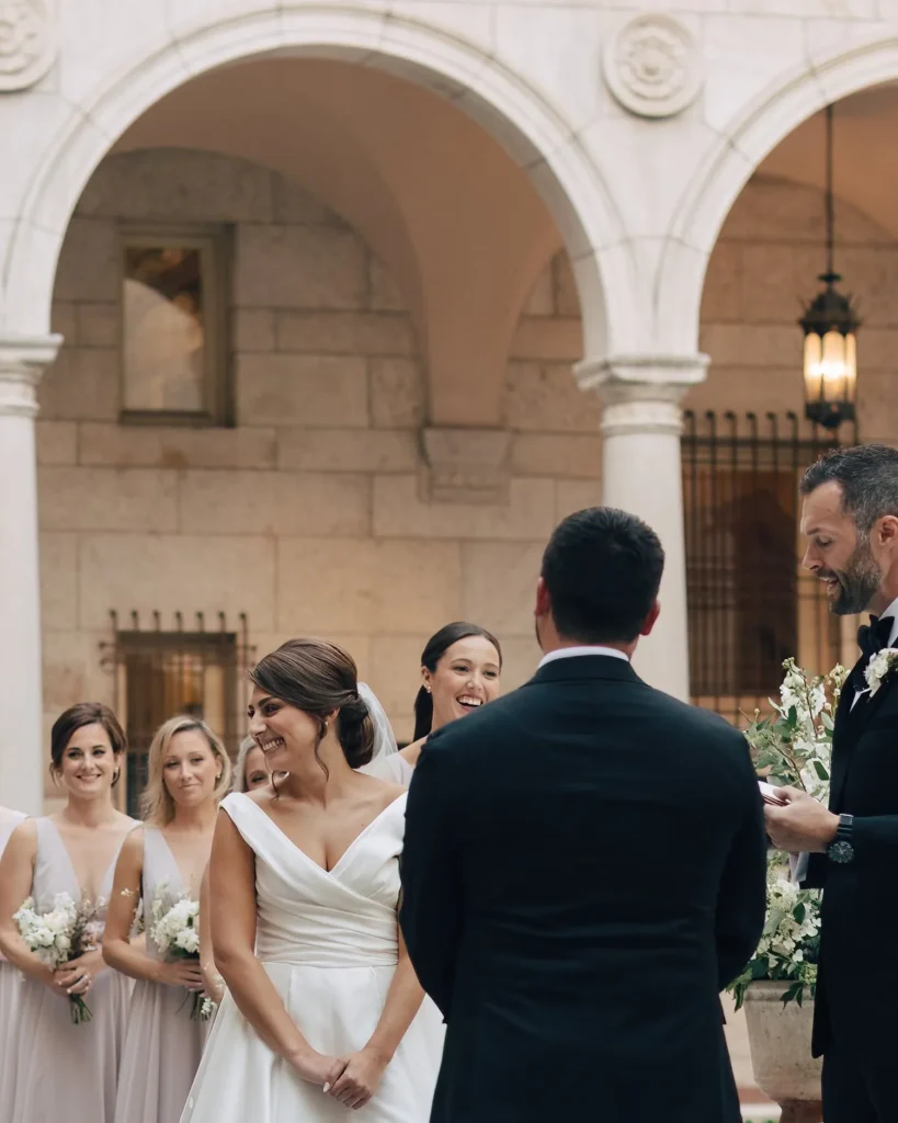 Bride in the Boston Public Library courtyard before the ceremony