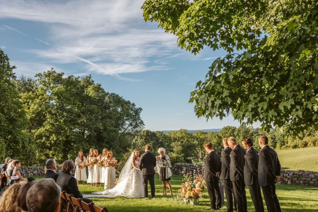 The wedding party flanks the couple at the altar on the West Lawn at Hill-Stead Museum with the meadow and hills behind