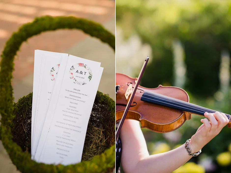 Wedding programs in a moss basket and a violinist playing in the garden at Tower Hill Botanic Garden, Boylston, MA