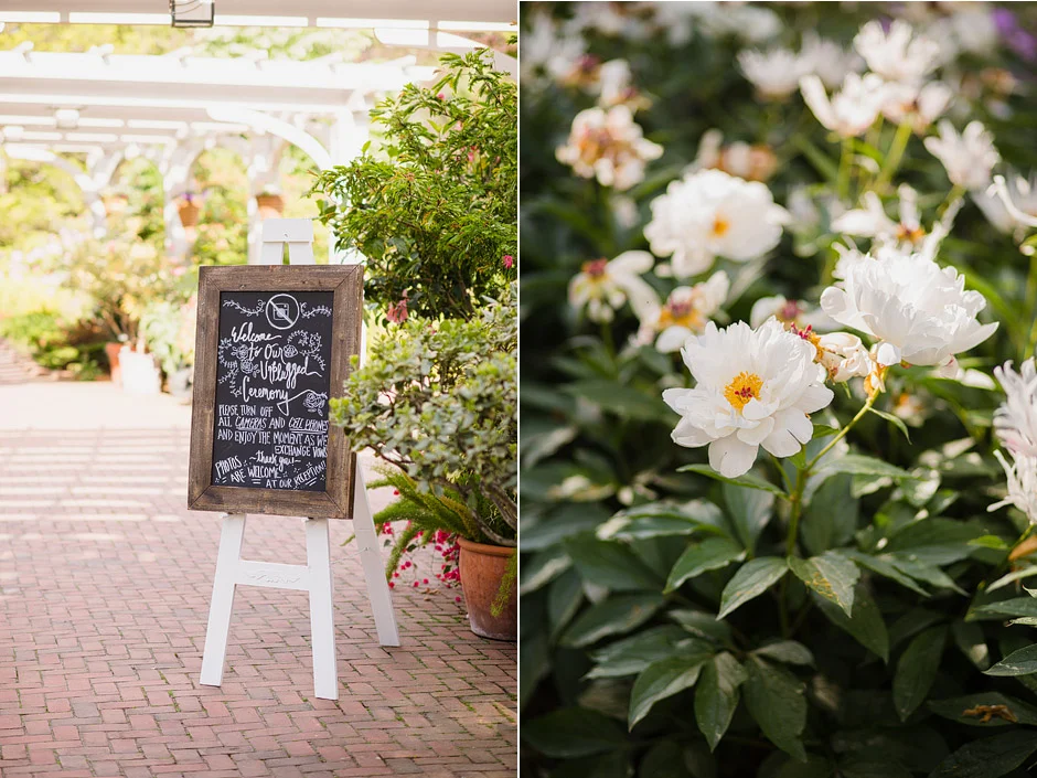 A chalkboard welcome sign on an easel beside the Orangerie and a close-up of white peonies in the garden at Tower Hill Botanic Garden